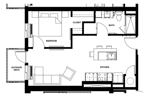 Floor plan for 1 bed, 1 bath, 632 sqft